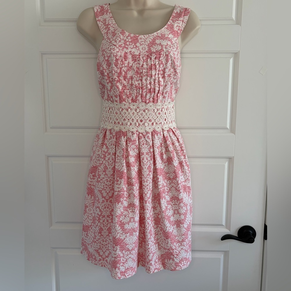 Red Camel Cotton Pink White Crochet Lace Fit & Flare Dress Sleeveless Size 5